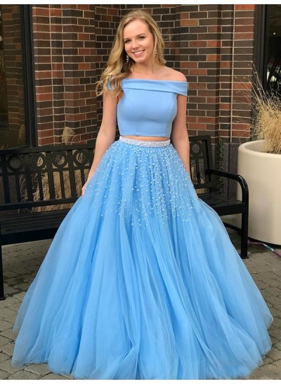 2022 Elegant Blue Off Shoulder Tulle Beaded Ball Gown Plus Size Two Pieces Prom Dress