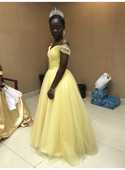 2022 Cheap A Line Off Shoulder Light Yellow Sweetheart Tulle Prom Dress With Belt