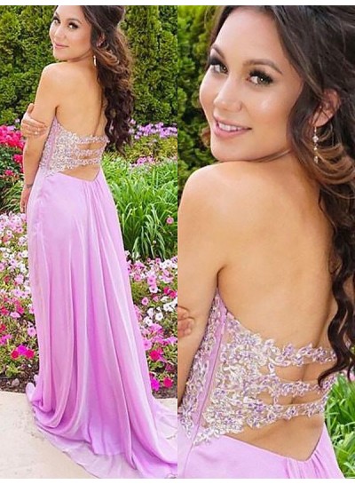 2022 Cheap A Line Sweetheart Chiffon Lilac Backless Prom Dress
