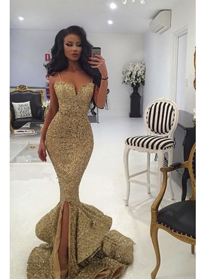 Sexy 2022 Gold Sweetheart Mermaid  Side Slit Sequence Long Spaghetti Straps Prom Dress