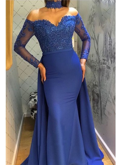 Charming Mermaid  Royal Blue Long Sleeves Off Shoulder Sweetheart Lace Prom Dress 2022