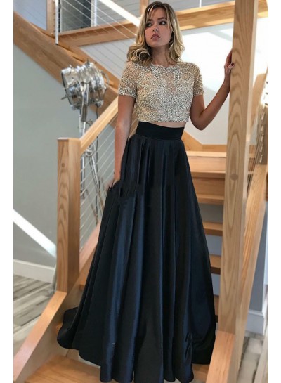2022 Elegant A Line Satin Black Short Sleeves Beaded Two Pieces Prom Dress