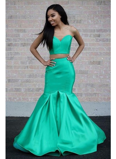 2022 New Designer Mermaid  Sweetheart Satin Strapless Mint Green Two Pieces Prom Dress