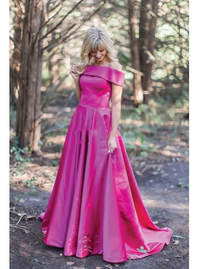 2022 Cheap Fuchsia Off Shoulder Satin A Line Long Prom Dress