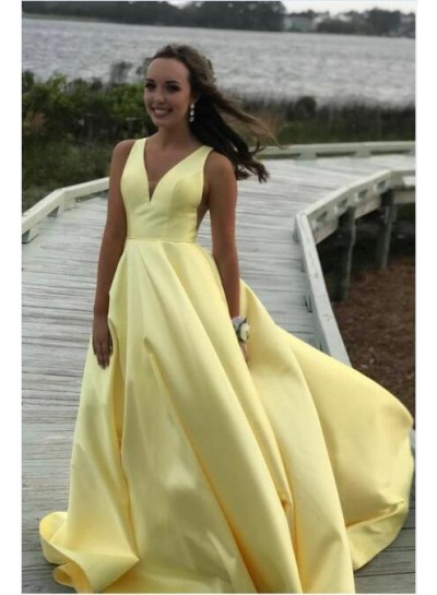 2022 Cheap A Line Satin Light Yellow Sweetheart Long Prom Dress