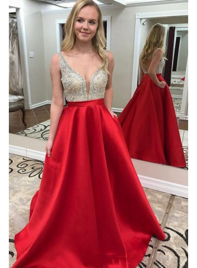 2022 Elegant Satin A Line Sweetheart Beaded Red Backless Long Prom Dress