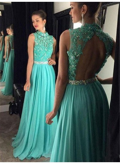 2022 Cheap A Line Turquoise Chiffon Backless High Neck Beaded Prom Dress