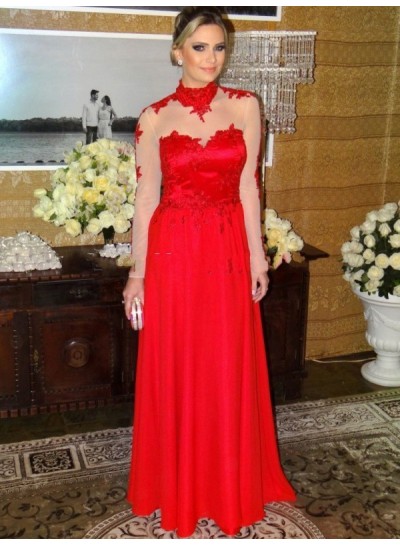 A Line Chiffon Red Long Sleeves Backless High Neck Prom Dress 2024