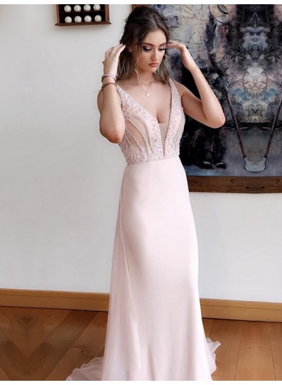 2022 Elegant Blushing Pink Sheath V Neck Beaded Chiffon Long Prom Dress