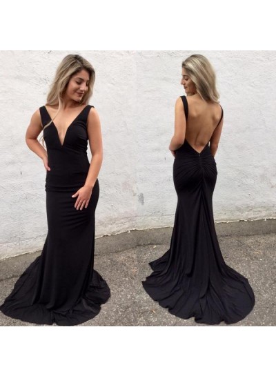 Charming Black Sheath Deep V Neck Backless Long 2024 Prom Dress