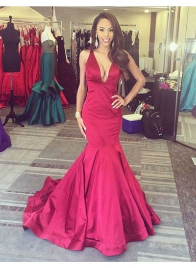 2022 Sexy Mermaid  Red Satin V Neck Backless Long Cheap Prom Dress