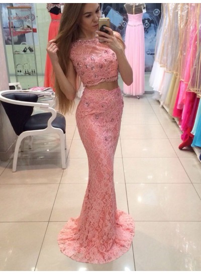 2022 Elegant Sheath Pink Lace Two Pieces Prom Dress