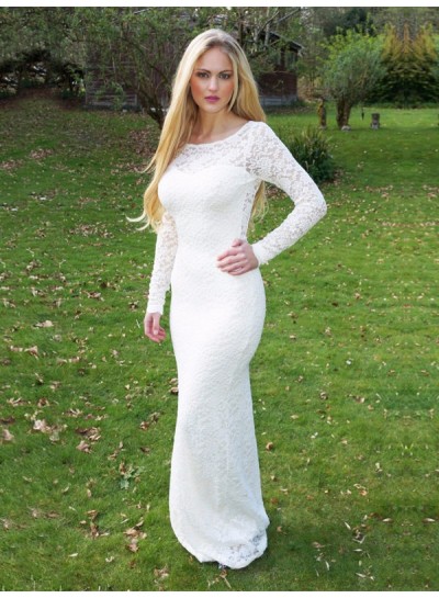 2022 Sexy Mermaid  Long Sleeves Backless White Scoop Long Lace Prom Dress