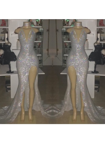 2022 Sexy Silver Halter V-neck Side Split Sequins Prom Dresses