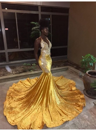 2022 Yellow Halter Backless Mermaid  Beads Sweep Train V-neck Prom Dresses