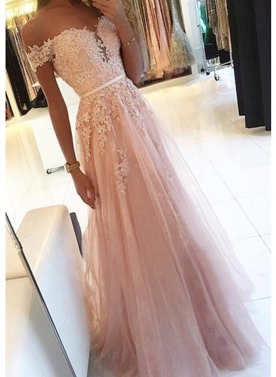 Tulle Layered Sweetheart Off Shoulder Lace Beading Pink Prom Dress