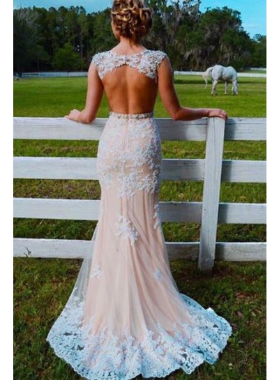 Sweetheart Sheer Lace Mermaid  Backless Beaded Sash Tulle Floor Length Prom Dress