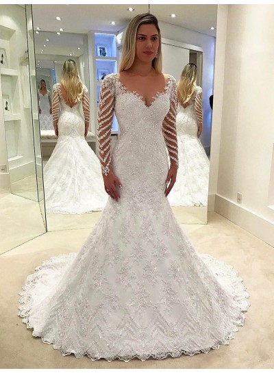Backless Mermaid  White Beaded Applique Chapel Train Lace Wedding Dresses