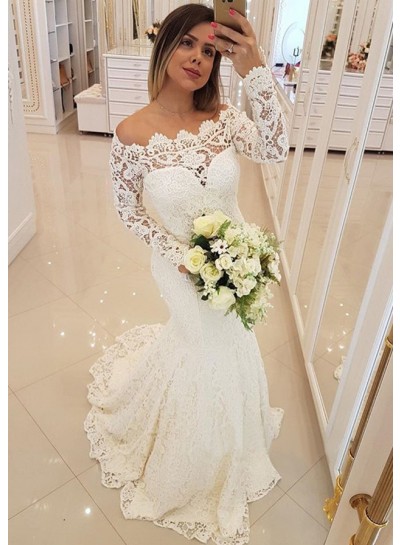 Lace Long Sleeve Beige Sweetheart Mermaid  Off Shoulder Wedding Dresses