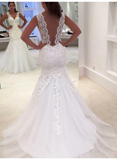 Backless Sexy Mermaid  Sheer Straps Applique Tulle Layered Wedding Dresses