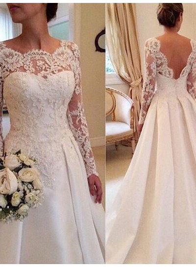 Sheer Long Sleeve Lace Backless Sweetheart Pleated White Wedding Dresses
