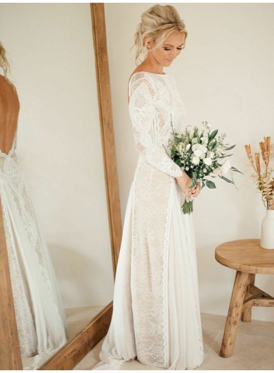 Scoop Neck Long Sleeve Ivory Lace Applique Backless Floor Length Wedding Dresses