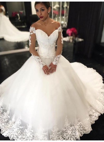 White Off Shoulder Ball Gown Long Sleeve Sweetheart Applique Wedding Dresses