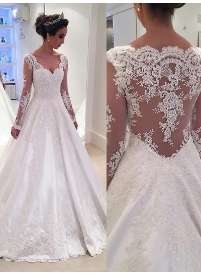 Backless Lace Applique A Line White V Neck Long Sleeve Wedding Dresses