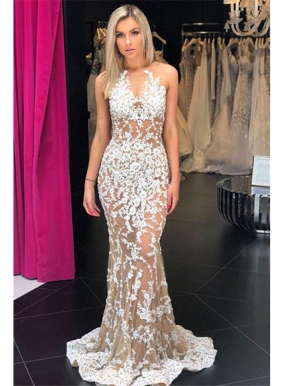 2024 Chic & Modern White Lace Scoop Neck Sleeveless See Through Mermaid Prom Dresses