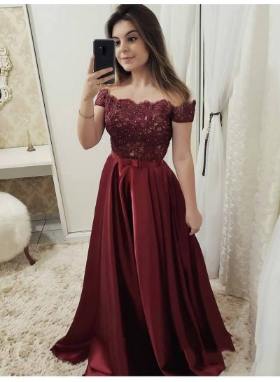 2024 Sexy & Elegant A-Line Off-The-Shoulder Burgundy Lace Beaded Bowknot Satin Prom Dresses