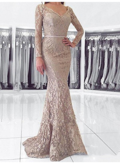 2024 Elegant Champagne Lace V Neck Long Sleeve Backless Botton Mermaid Prom Dresses