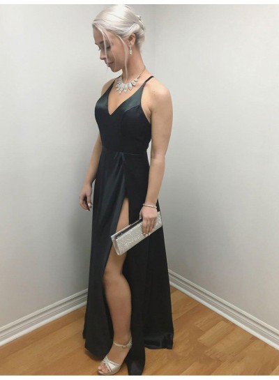 2024 Sexy Black V Neck Sleeveless Criss Cross Split-Front Satin Floor Length Prom Dresses