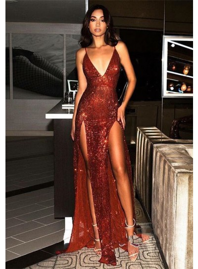 2024 Glamorous Burgundy Sequins Sheath/Column V Neck Backless Sleeveless Double Split-Front Prom Dresses