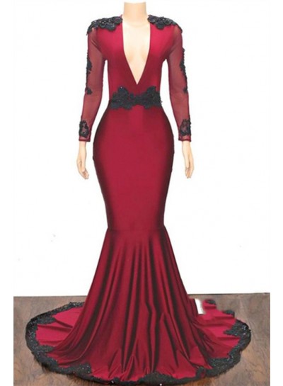 2024 Elegant Mermaid V Neck Long Sleeve Applique Beaded Backless Satin Prom Dresses