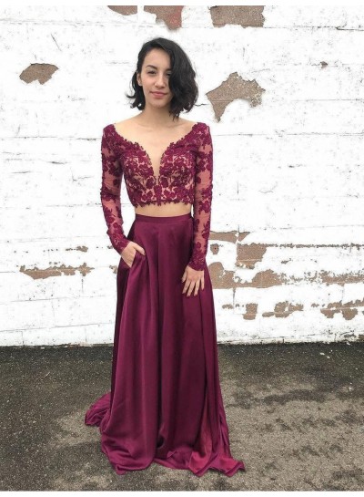 2023 New Arrival Two Piece Lace Long Sleeve V Neck Satin Prom Dresses