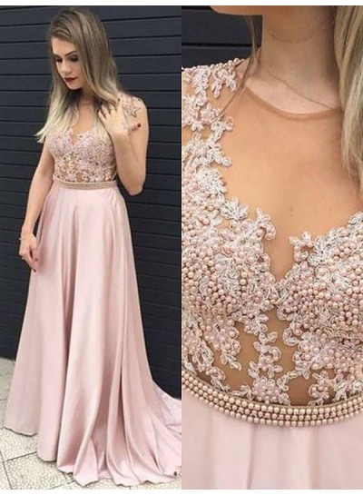 2023 A-Line Sleeveless Applique Beaded See Through Satin Prom Dresses