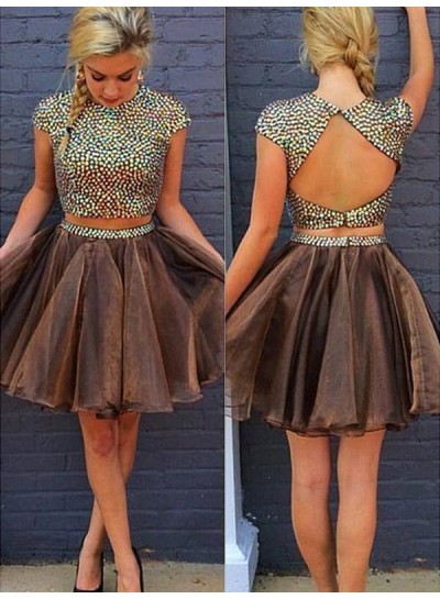 2024 A-Line Two Piece Jewel Neck Short Sleeve Beading Back Cut Out Organza Short/Mini Homecoming Dresses