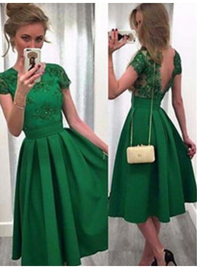 2022 A-Line Scoop Neck Short Sleeve V Back Lace Satin Tea-Length Homecoming Dresses