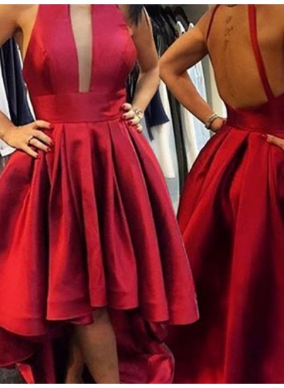 2024 A-Line Pleated Cut Out Satin High Low Homecoming Dresses