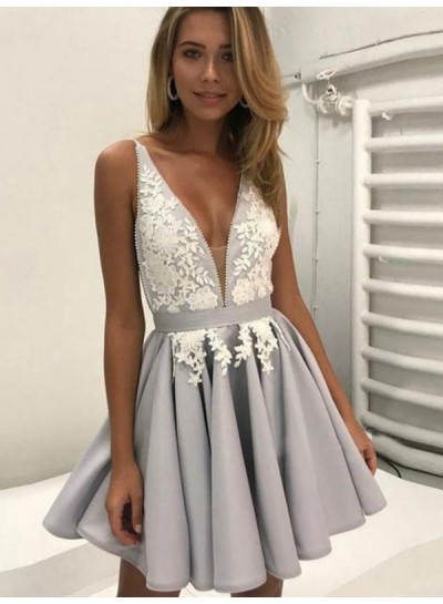 2024 A-Line V Neck Sleeveless Applique Pleated Backless Cut Short/Mini Homecoming Dresses