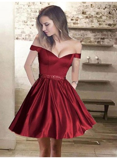 2023 A-Line Sweetheart Off-The-Shoulder Beading Satin Cut Short/Mini Homecoming Dresses