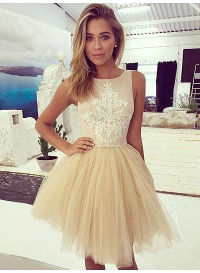 2023 Ball Gown Scoop Neck Sleeveless Applique Tulle Cut Short/Mini Homecoming Dresses