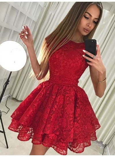 2022 Ball Gown Jewel Neck Sleeveless Layers Lace Cut Short/Mini Homecoming Dresses
