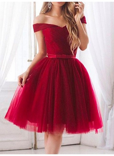 2024 Ball Gown Off-The-Shoulder Ruching Bowknot Tulle Knee-Length Homecoming Dresses