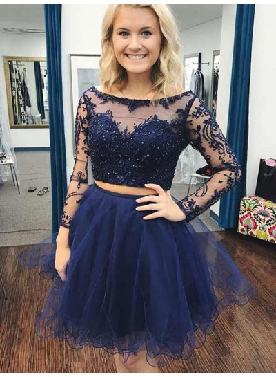 2024 Ball Gown Two Piece Bateau Neck Long Sleeve Applique Beading Organza Cut Short/Mini Homecoming Dresses