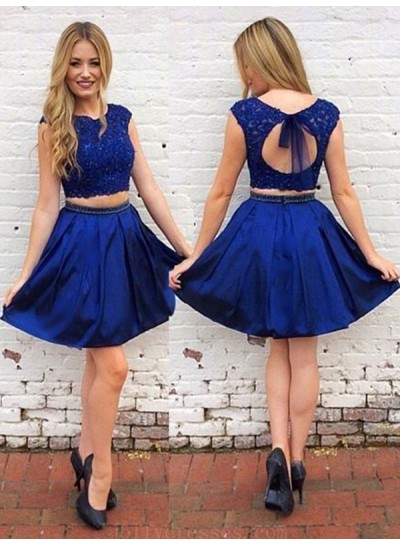 2024 A-Line Two Piece Scoop Neck Cap Sleeve Cut Out Back Beading Short/Mini Homecoming Dresses