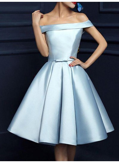 2024 A-Line Off-The-Shoulder Bowknot Knee-Length Satin Lace Up Homecoming Dresses