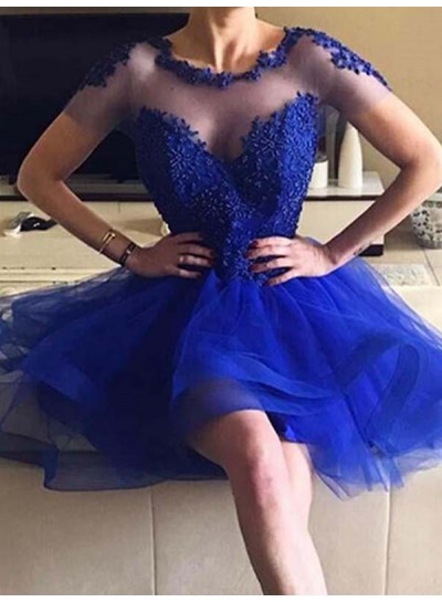 Royal Blue Ball Gown High Low Tiers Applique Beading Scoop Neck  Organza Homecoming Dresses
