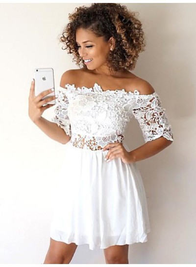 Little White Lace Off-The-Shoulder Half Sleeve Cut Shorts Mini Homecoming Dresses