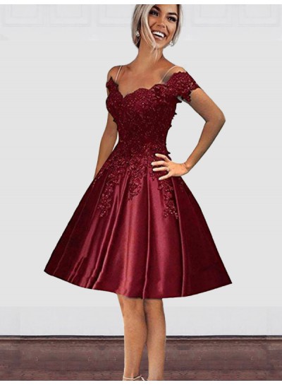 Knee-Length Pleated Burgundy Applique Beading Off-The-Shoulder Homecoming Dresses